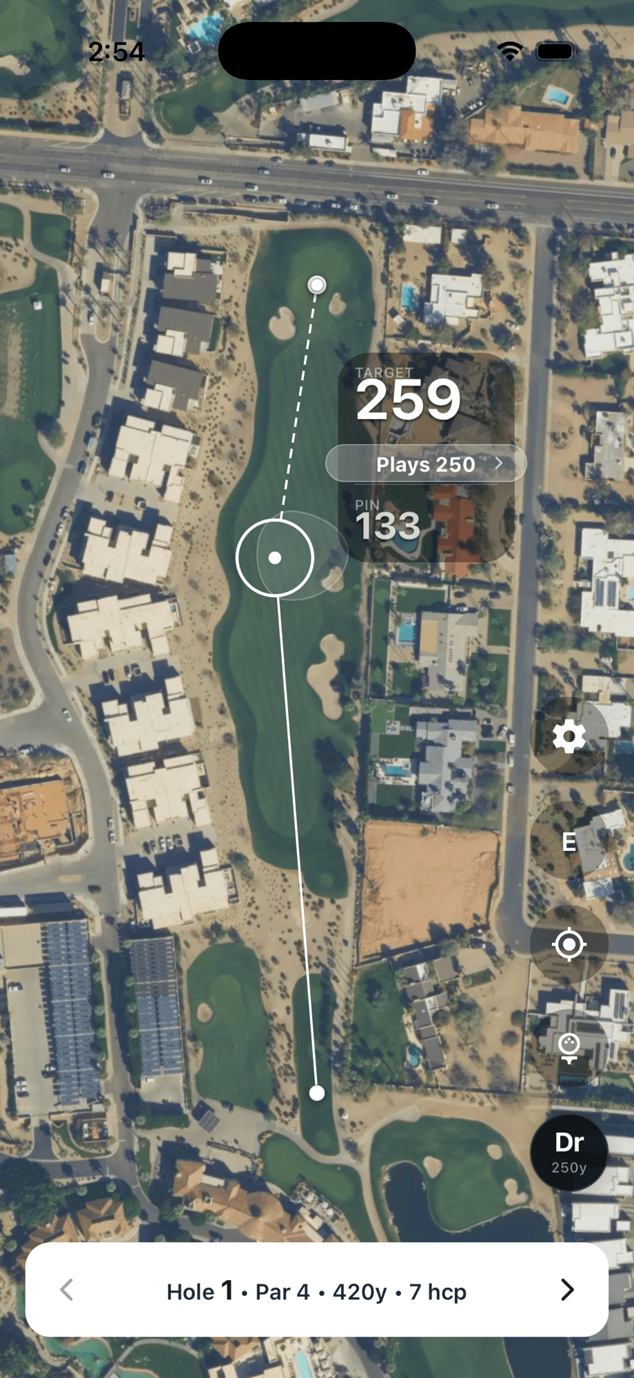 New June range finder over a satellite view of a par 4, showing a 259 yard target that plays 250 with a driver suggestion and 133 yards left to the pin.