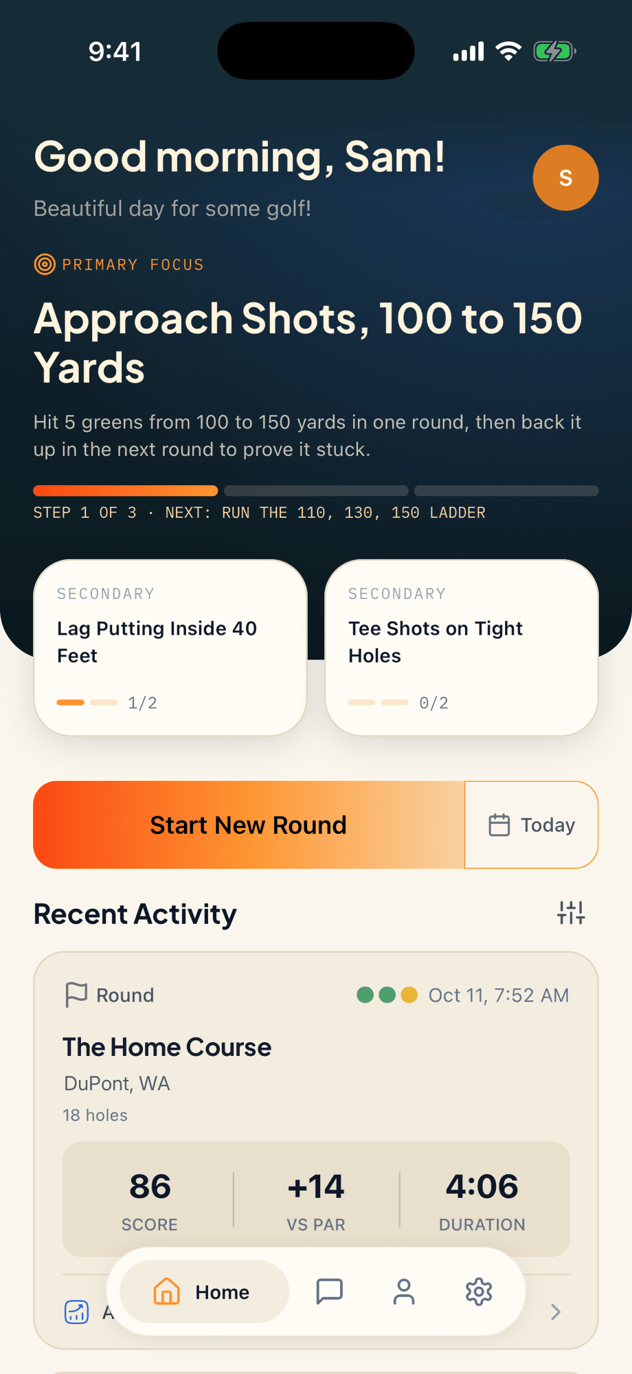 New June home screen showing the primary focus, Approach Shots, 100 to 150 Yards, with its graduation goal, step progress, and two secondary focuses.