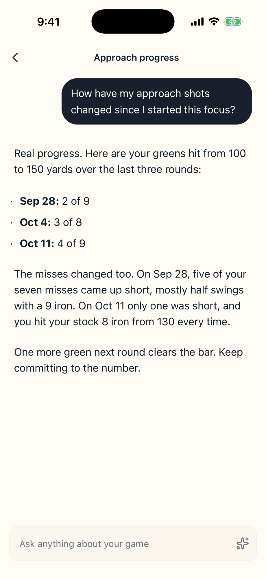 New June chat answering how approach shots have changed since the focus started, with greens hit rising from 2 to 4 over three rounds.